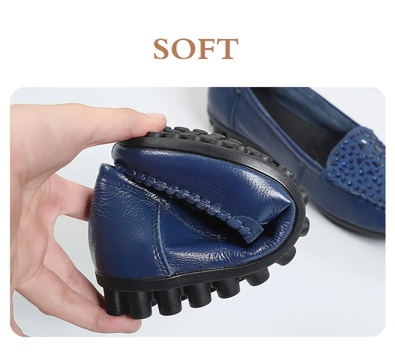 TIMETANGNew Design Shoes Woman Spring Autumn Slip On Loafers Genuine Leather Rhinestone Non-slip Flat Shoes LadiesE1111