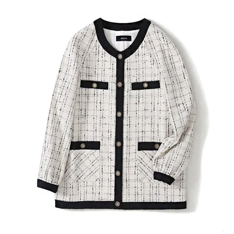 Handmade Luxury Blazer Suits for Women Fashion O Neck Grid Tweed Contrast Color Single Breasted Loose Blazers Coat - Цвет: Бежевый