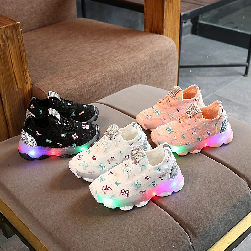 Zapatillas de deporte brillantes para niños, zapatos de princesa mariposa para niñas, LED, bonitas zapatillas con luces luminosas de 1 a 6 años|Zapatillas - AliExpress