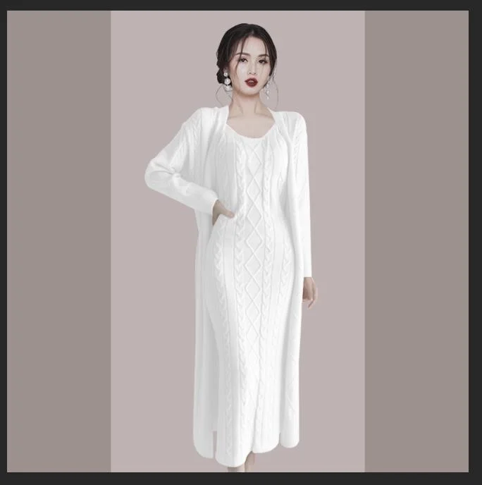 Elegant Fall Winter Thick Knitted 2 Piece Set Women Twist Long Cardigan Sweater Coat +Sleeveless Long Dress Suit Ensemble Femme