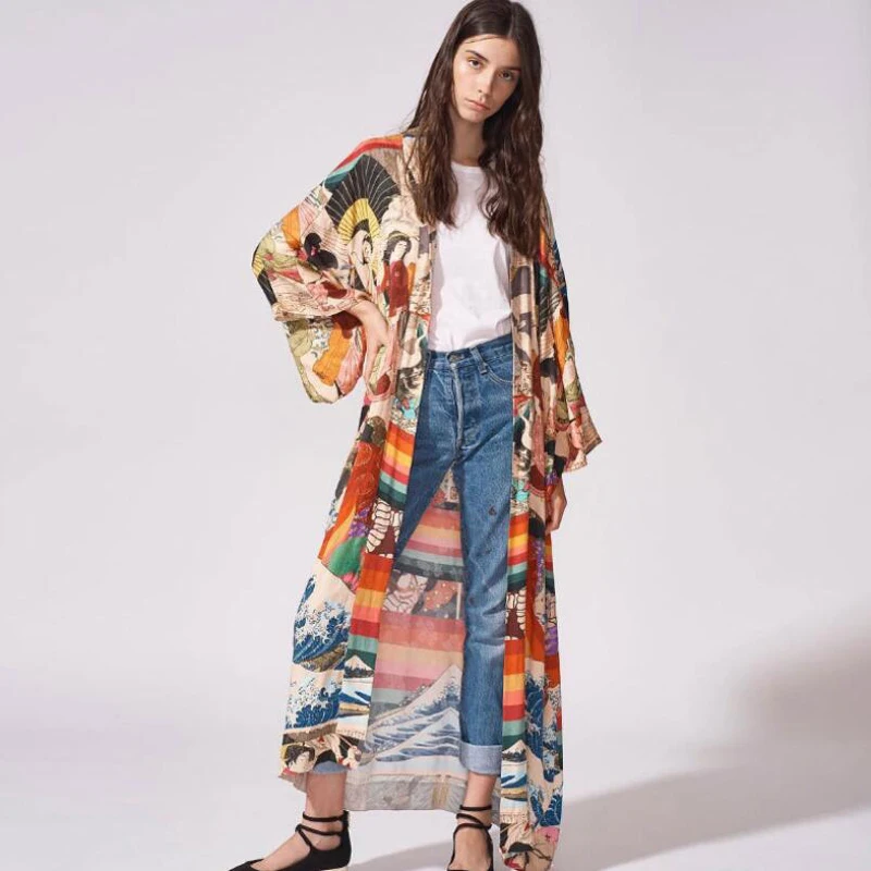 MX-ZS1095 L-139cm Brazilian Print Chiffon Robe Kaftan Beach Cover Up Swimsuit Long Sleeve Swimwear Women Bathing Suit Ladies Sarong Beachwear - Цвет: MX-ZS1095 L-139cm