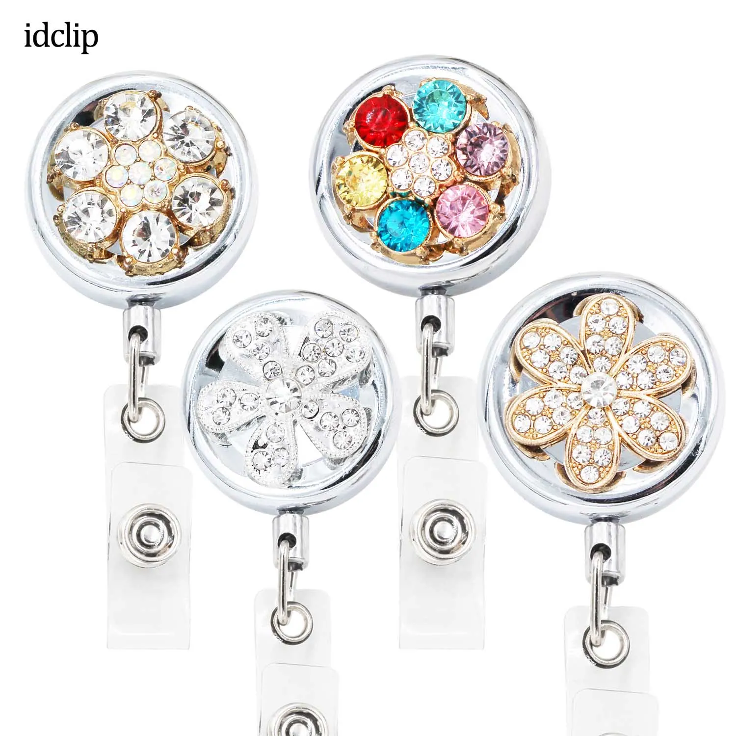 

idclip 3.2cm Bling Flower ID Retractable Badge Holder Belt Clips Metal Badge Reel Heavy Duty Steel Wire Cord