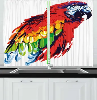 

Vermilion Green Animal Kitchen Curtains Exotic Parrot Bird Vibrant Tones Wildlife Tropical Wings for Kitchen Cafe Decor