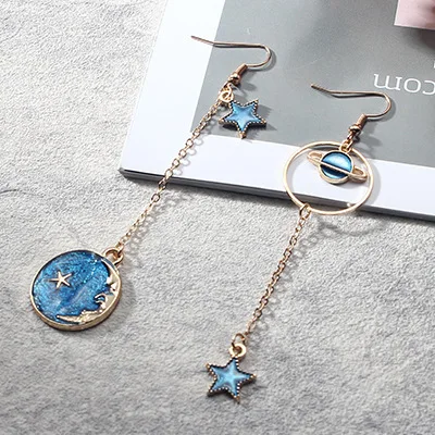 Новая мода висячие серьги Милые простые синие/луна/звездное небо/длинная Асимметричная Подвеска для женщин - Окраска металла: F
