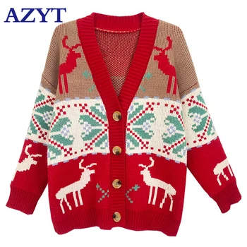 

2020 New Sweater Cardigan Jacket Korean Loose Christmas Elk Female Sweater Knitshirt V Neck Mid-Long Sweater cardigan Tops women