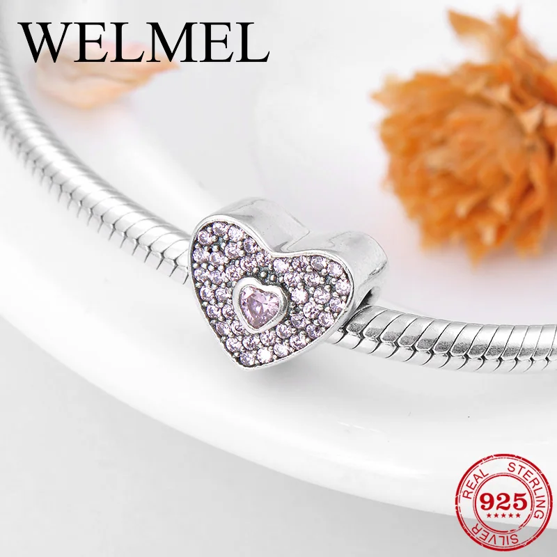 

Valentine's Day gift 925 Sterling Silver fashion luxury pink heart CZ beads Fit Original Pandora Charm Bracelet Jewelry making