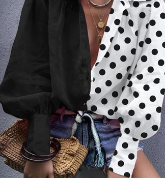 

Colorblock Dot Print Lantern Sleeve Shirt Women Blouses Shirt Elegant Office Ladies Solid blusa Tops