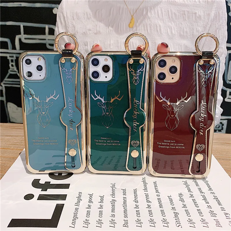 Luxury Elk Christmas Cartoon Phone Case for Iphone 12 Pro Max Plating Wristband IPhone 11 MaxX XR XS Protective Cover | Мобильные