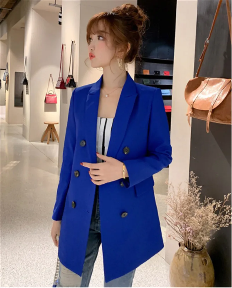 Осень Зима Женский маленький костюм куртка корейский темперамент с длинными рукавами Тонкий двубортный маленький костюм Женская свободная верхняя одежда - Цвет: Royal blue