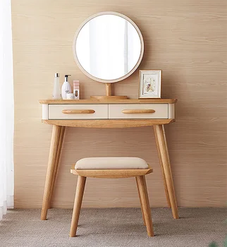 

Dressers Mirror Nordic Simple Solid Wood Log Color With Make Up Stool Woman Single Small Bedroom