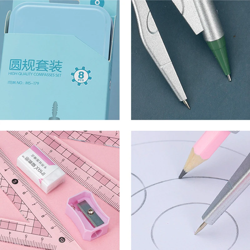 8pcs/Set Creative Ruler Sets For Students Stationery Pencil Sharpener Eraser Compass Exam Draw Tools School Office Supplies New