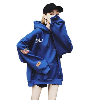 

Autumn Winter New Letter Print Long Hoodie Korean Style Loose Long-sleeved Thick Hooded Sweatshirt For Women