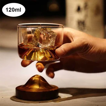 

120ml Creativity Whiskey Beer Glass With Mountain Wooden Base Wine Glass Water Tea Cup Bar Drinkware Heat Resistant Transparent