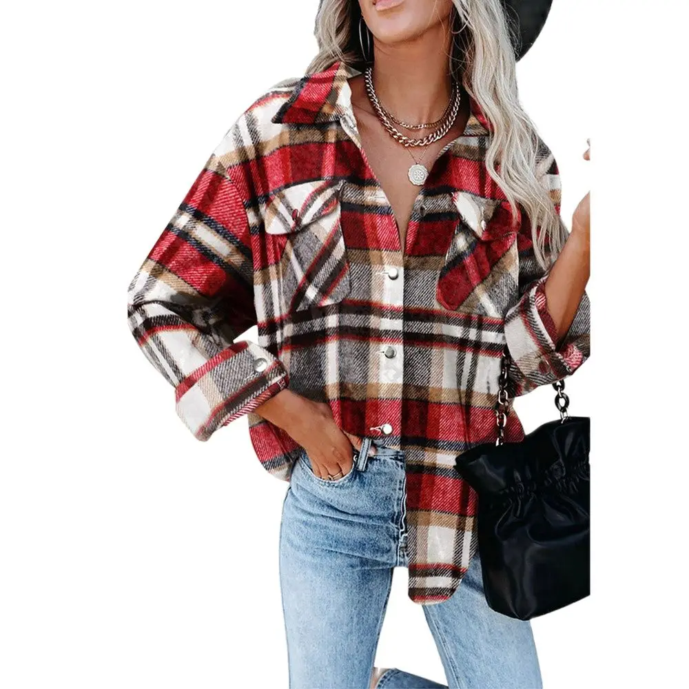 2021 Fashion Women Long Sleeve Plaid Printed Shirt Coats Tops Spring Autumn Casual Lapel Cardigan Jackets Outerwear Streetwear print down cotton coat women s short 2021 new middle aged elderly mothers wear stand up collar color winter coat women jackets