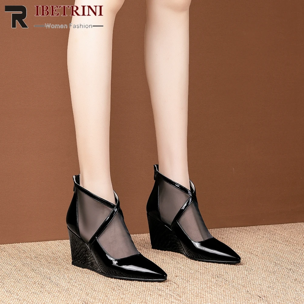 

RIBETRINI New Female Street Mature Pointed Toe Shoes Woman Cool Patent Leather Pumps Women Breathable Mesh Pumps