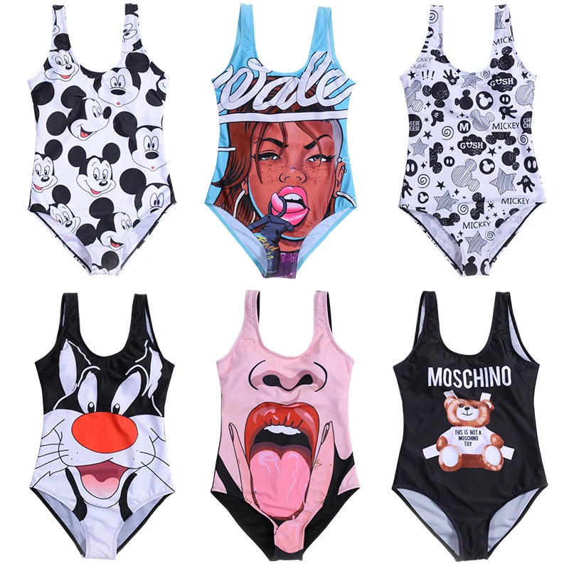 

Women's Swimsuit One Piece Bathing Clothes High Leg Sexy Trikini Cartoon Print Swimwear 2019 Swim Suit Bodysuit Beachwear