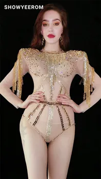 

Sexy Gold Full Stones Dance Bodysuit Female Birthday Celebrate Leotard Outfit Singer Dancer Fashion Stretch Costume