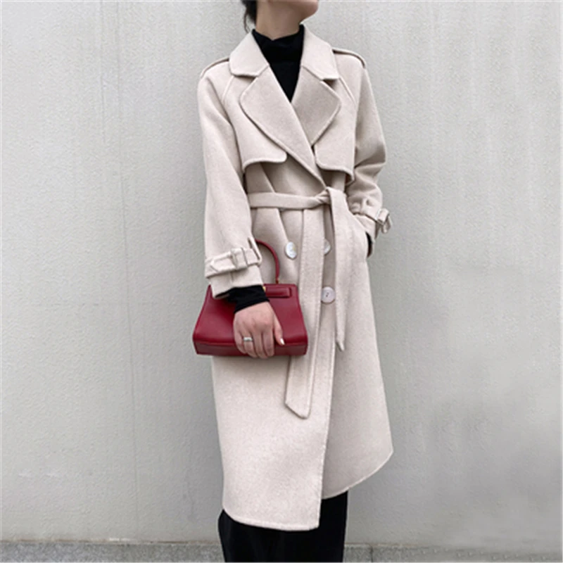 

High Quality Elegant Female Woolen Coat Double-sided 100% Cashmere Coat Women Autumn Winter Belt New Slim Long Wool Coats N527