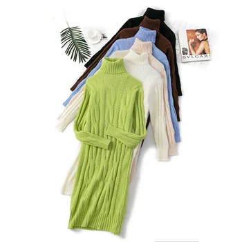 

Autumn Knitted Twist Sweater dress Women pullover winter 2019 korean turtleneck knit sweaters female jumper thick long Pullovers