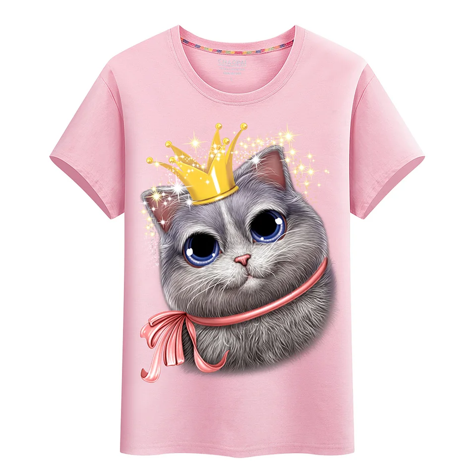 Cat Print T Shirt Female T Shirt Loose Plus Size Crown Queen