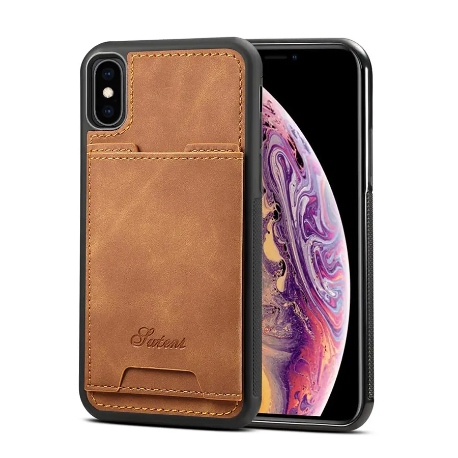 Простой чехол для телефона из искусственной кожи для iPhone 6, 6s, 7, 8 plus, чехол, модный держатель для карт, кронштейн, чехол для iPhone X, XR, 11 Pro, XS, Max, чехол - Цвет: Хаки