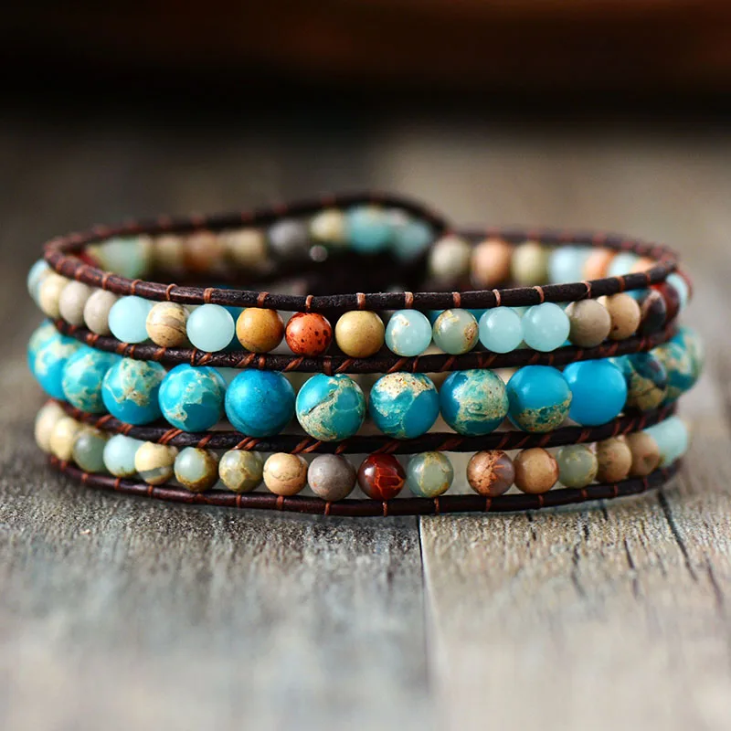 Cuff Bracelet Unique Japser Leather Wrap Bracelets Wholesale Handmade Bohemian Weaving Stone Bracelet Jewelry Dropshipping