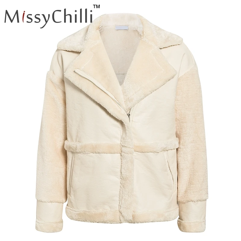 MissyChilli искусственный мех лоскутное замшевое пальто уютное повседневное хаки теплое плюшевое короткое пальто Зимняя женская куртка с подкладом из искусственного меха - Цвет: Бежевый