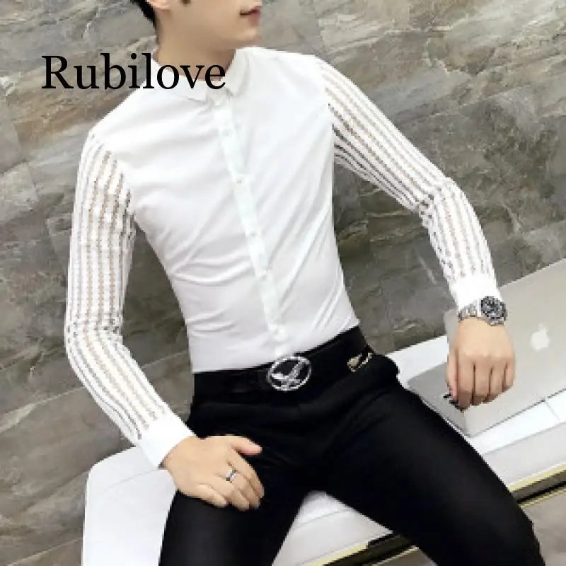 Rubilove Мужская рубашка 2019 весеннее резное кружевное Лоскутное рубашка с длинными рукавами Мужская Уличная Мужская s повседневные тонкие