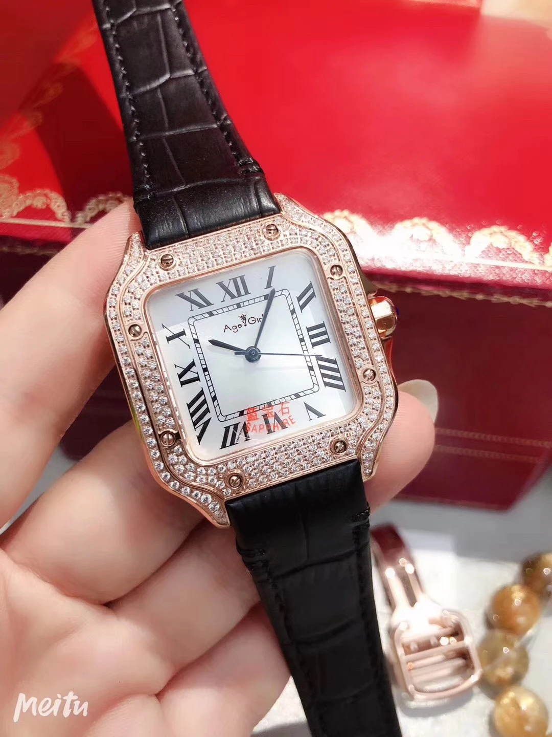 

Luxury Brand New Men Rose Gold Diamond Black Blue Brown Leather Stainless Steel Japanese Quartz Rome Sapphire Santos Watch AAA+