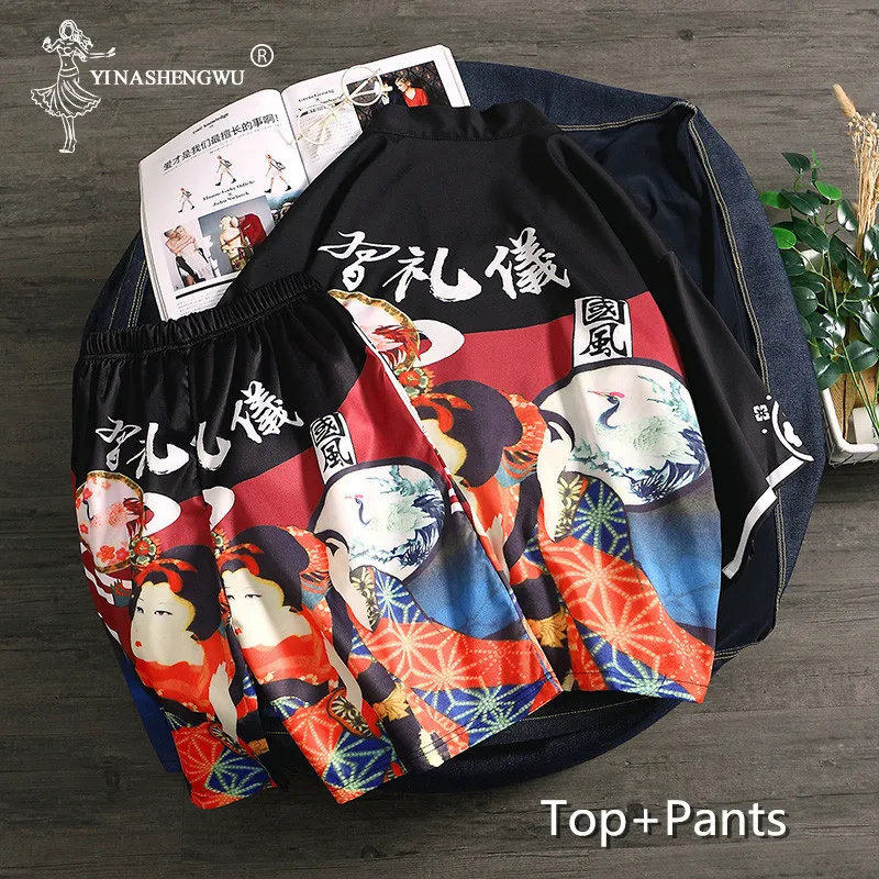 black top and pants Kimono Set Top and Pants Japanese Kimono Men Yukata Men Women Robe Kimono Cardigan Men Beach Thin Casual Shirt Kimono Cosplay - Цвет: black top and pants