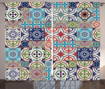

Moroccan Window Curtains Patchwork Pattern from Colorful Moroccan Tiles Traditional Illustration Living Room Decor Bedroom Orang
