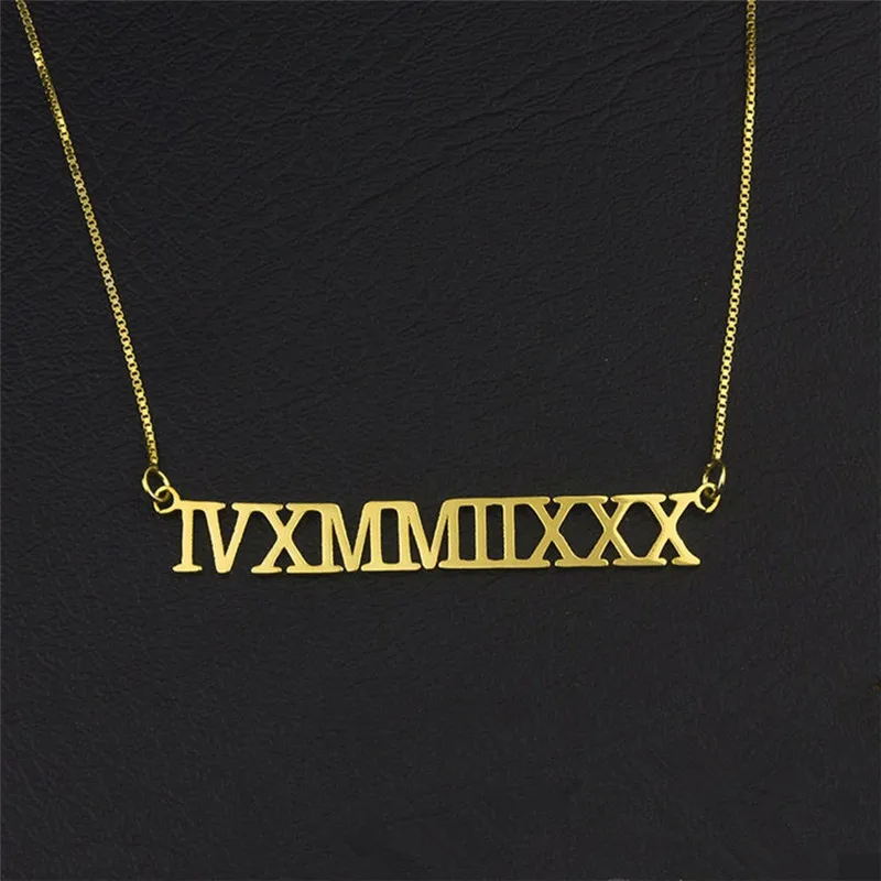 

Customized Roman Numeral Pendant Necklace Box Chain Personalized Jewelry Rose Gold Silver Custom Date Choker Child Birthday Gift