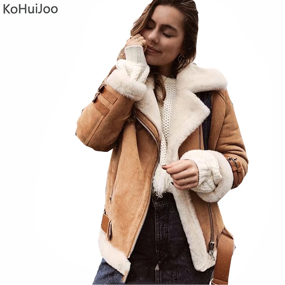 KoHuiJoo стильная женская зимняя куртка из овечьей шерсти на молнии с меховым воротником из искусственной замши, куртки из овечьей шерсти, утепленные хлопковые парки для женщин