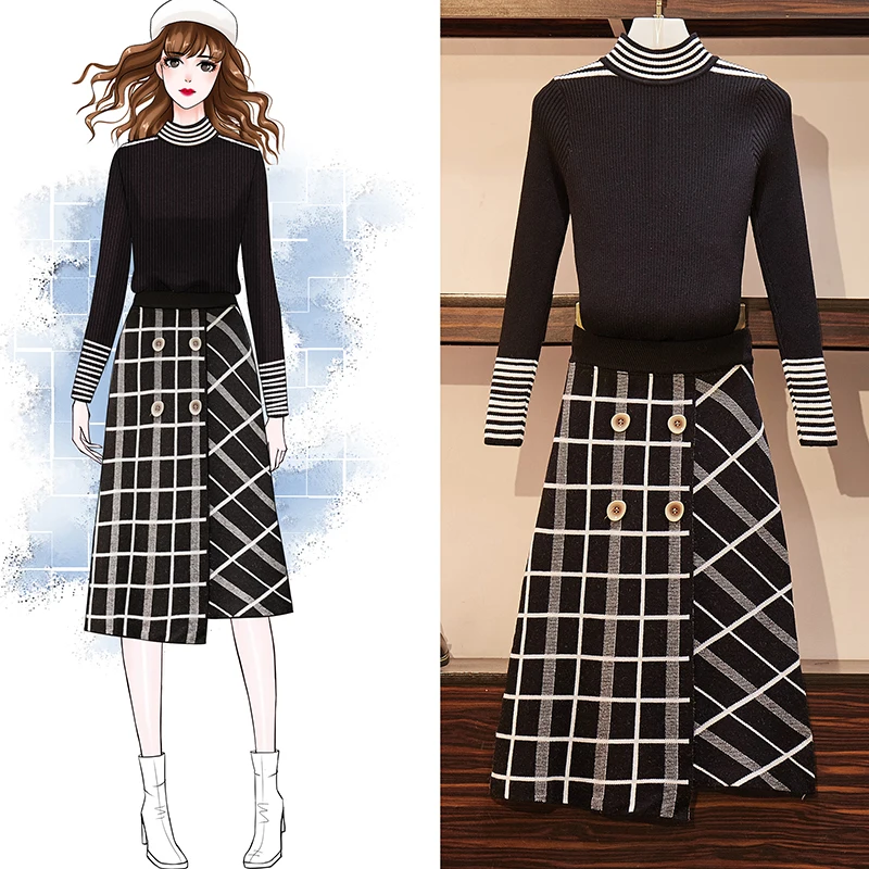 2 Piece Sets Women Fashion Striped Plaid Knitting Two-piece Sets Female Sweater Suits Turtleneck Tops Mid Calf Skirt Plus Size