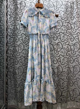 

2020 Spring and Summer New Women's Neckline Heavy Beaded Lace Knot Decorative Print Short-Sleeve Dress 513