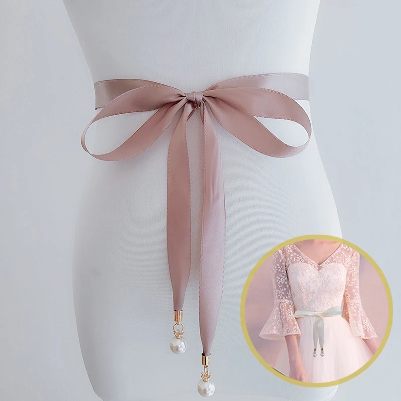 

High Quality Double Sided Satin Sash Pearl Sash Thin Bridal Gown Wedding Party Waistbands Pearl Pendant Style Prom Dress Belt