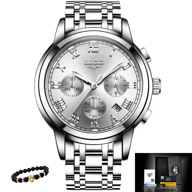 LIGE мужские часы, военные Роскошные брендовые часы, мужские кварцевые часы из нержавеющей стали, модные часы с хронографом, мужские часы - Цвет: S-silver white
