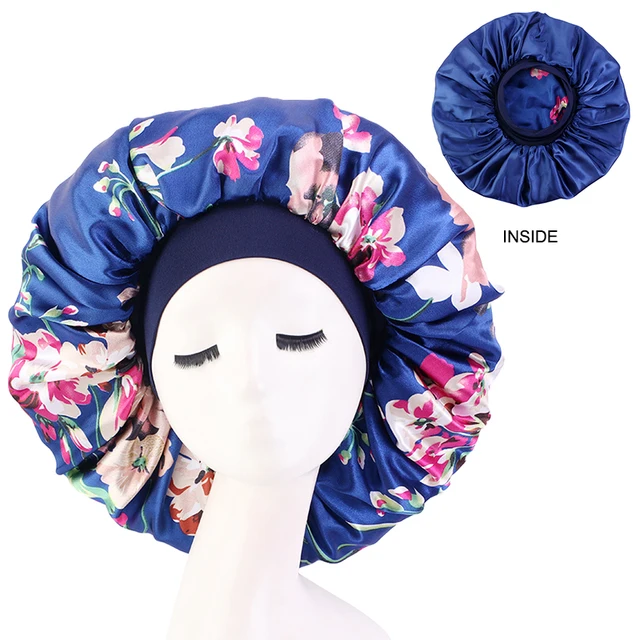 New Women Big Size Beauty print Satin Silky Bonnet Sleep Night Cap Head Cover Bonnet Hat for For Curly Springy Hair Black 408F Royal blue