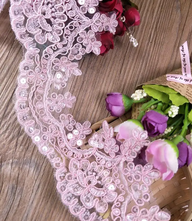 Lace Fabric Lace Sewing Supplies Lace Sewing Accessories Lace Accessories Lace Garment Accessories Lace Decoration 1 Meter Venise Cording Fabric Sequins Pink Flower Venice Mesh Lace Trim Applique
