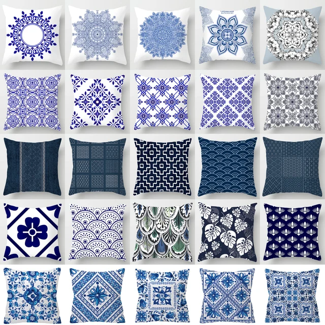 Blue White Porcelain Print Cushions Case Bohemian Style Mandala Geometry Pillows Case Modern Fashion Sofa Chairs Throw Pillows 1