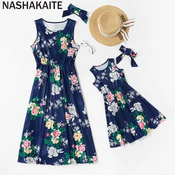 

NASHAKAITE Mom and daughter dress Summer Print Sleeveless Tank Long Dress With Headband Mother and daughter clothes Family Look