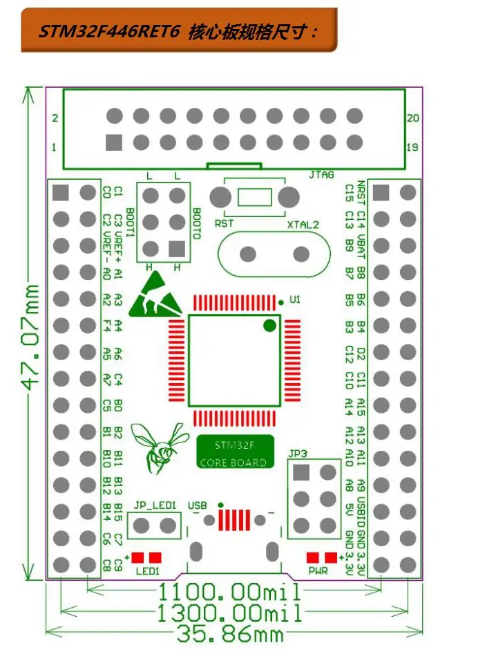 Stm32f446 placa de núcleo sistema mínimo stm32f446ret6