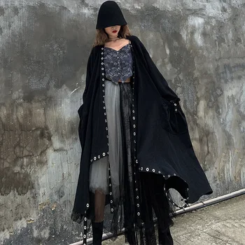 

LANMREM Black V-neck Long-sleeved Pocket Iron Round Hole Strap Loose Plus Women Jacket Simple Fashion 2020 Spring Coat New TV916