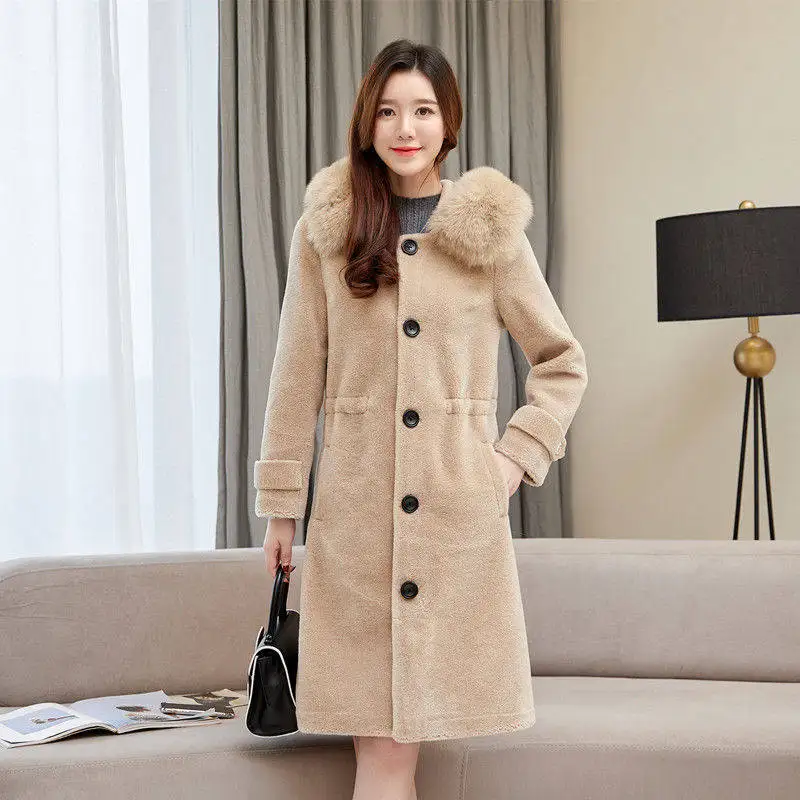 

2019 Autumn Winter Women Sheep Shearing Fur Parka Female Real Fox Fur Collar Hooded Coat Jacket Thick Warm Long Streetwear A100