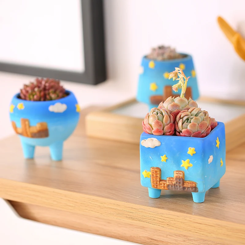 

Meat Plant Pot Thick Ceramic Breathable Basin Thumb Basin Ceramic Basin Hand-painted Starry Sky Sand-grinding Basin Set