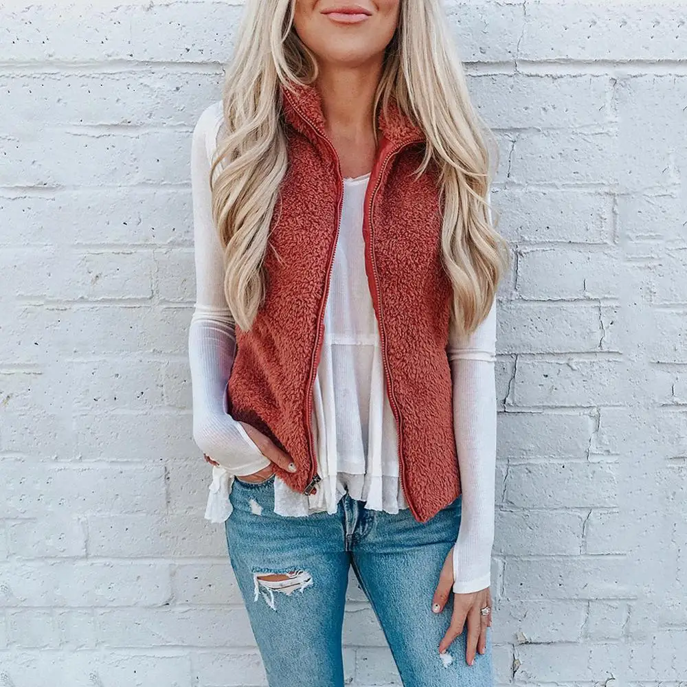 

Hitmebox 2019 Autumn Winter Women's Sleeveless Warm Fuzzy Vest Soft Fleece Faux Furs Zipper Pocket High Neck Jacket Waist Coats