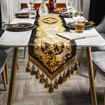 

British Court Style Velvet Table Runner Short Plush Tassel Palace Table Runner Thick Print TV Cabinet Cover Cloth Bed Runners