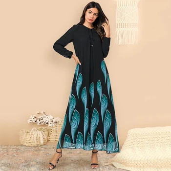 

Siskakia Casual Women Long Dress Black Fashion Printing Plus Size A Line Dresses with Lining Long Sleeve Arabic Clothes Autumn