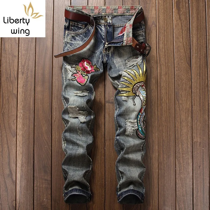 Harajuku diseñador agujero Jeans personalizado moda flor Vintage Denim Pantalones Casual lavados|Pantalones vaqueros| - AliExpress