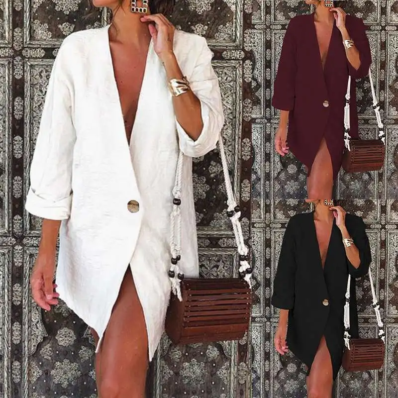 Najtaniej 2019 ZANZEA jesień letni top Blazer kobiety bluzka Sexy V Neck 3 4 rękaw bawełniana kurtka na co dzień cienkie kurtki znosić koszula plus size